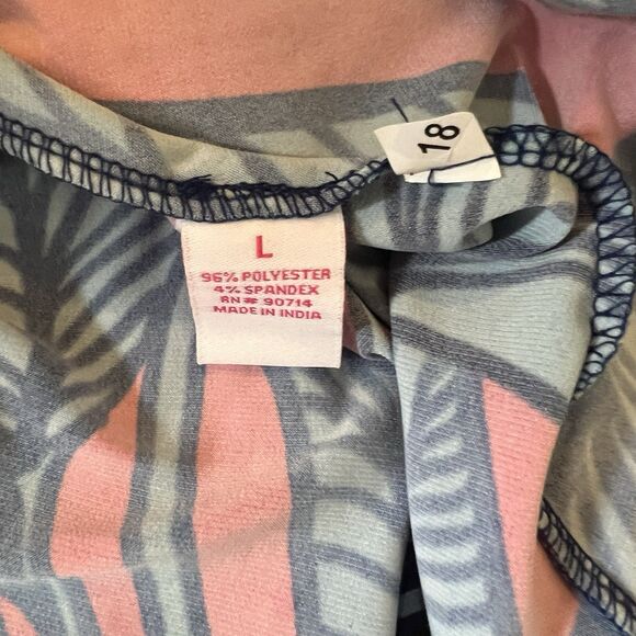 Ivy Lane Tropical Blue & Pink Shift Dress L Metal RIngs Keyhole Short Sleeve - Picture 7 of 8